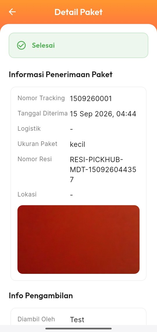 Aplikasi penghuni Pickhub: halaman Detail Paket dengan status selesai