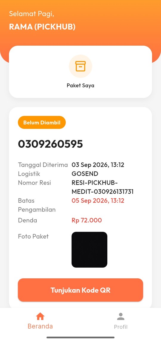 Aplikasi penghuni Pickhub: halaman Paket Saya dengan tombol Tunjukkan Kode QR